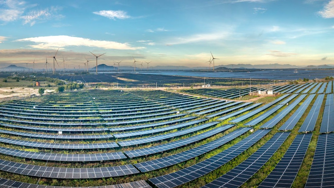Solar panels and wind turbines renewable energy farm in India