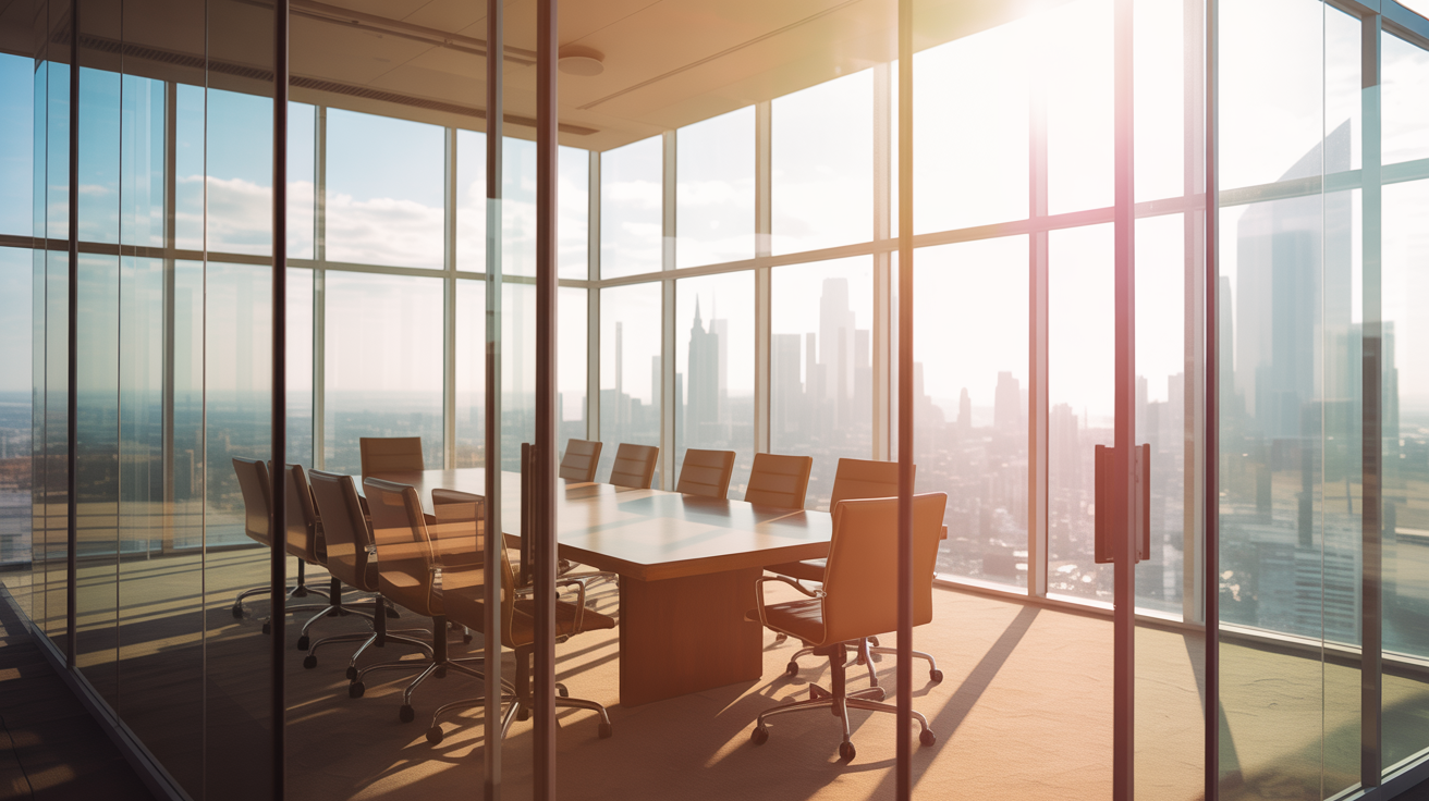 Modern corporate boardroom with floor to ceiling windows and city skyline view representing M&A due diligence