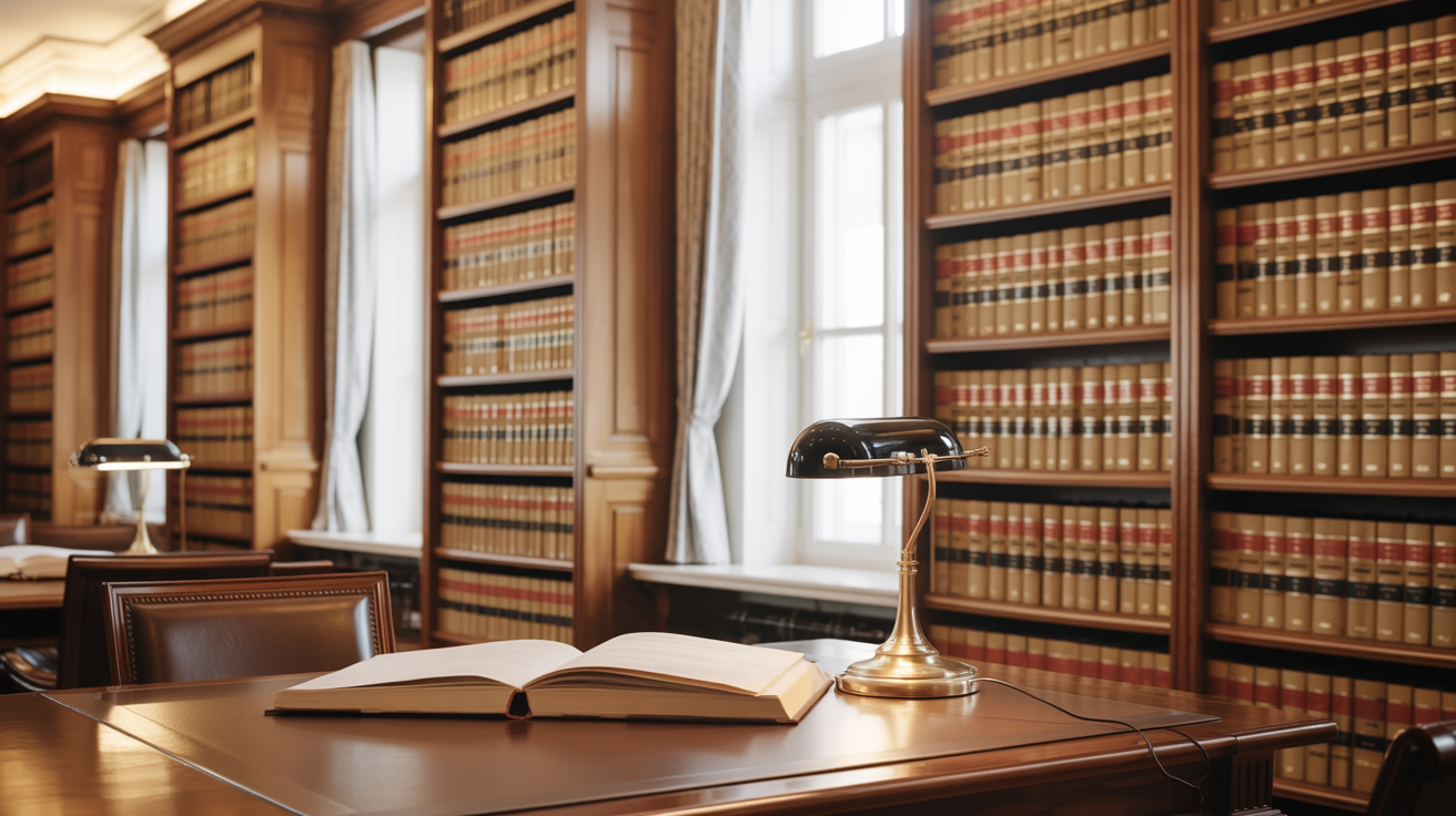 Sophisticated law library with warm lighting and legal volumes representing legal due diligence depth