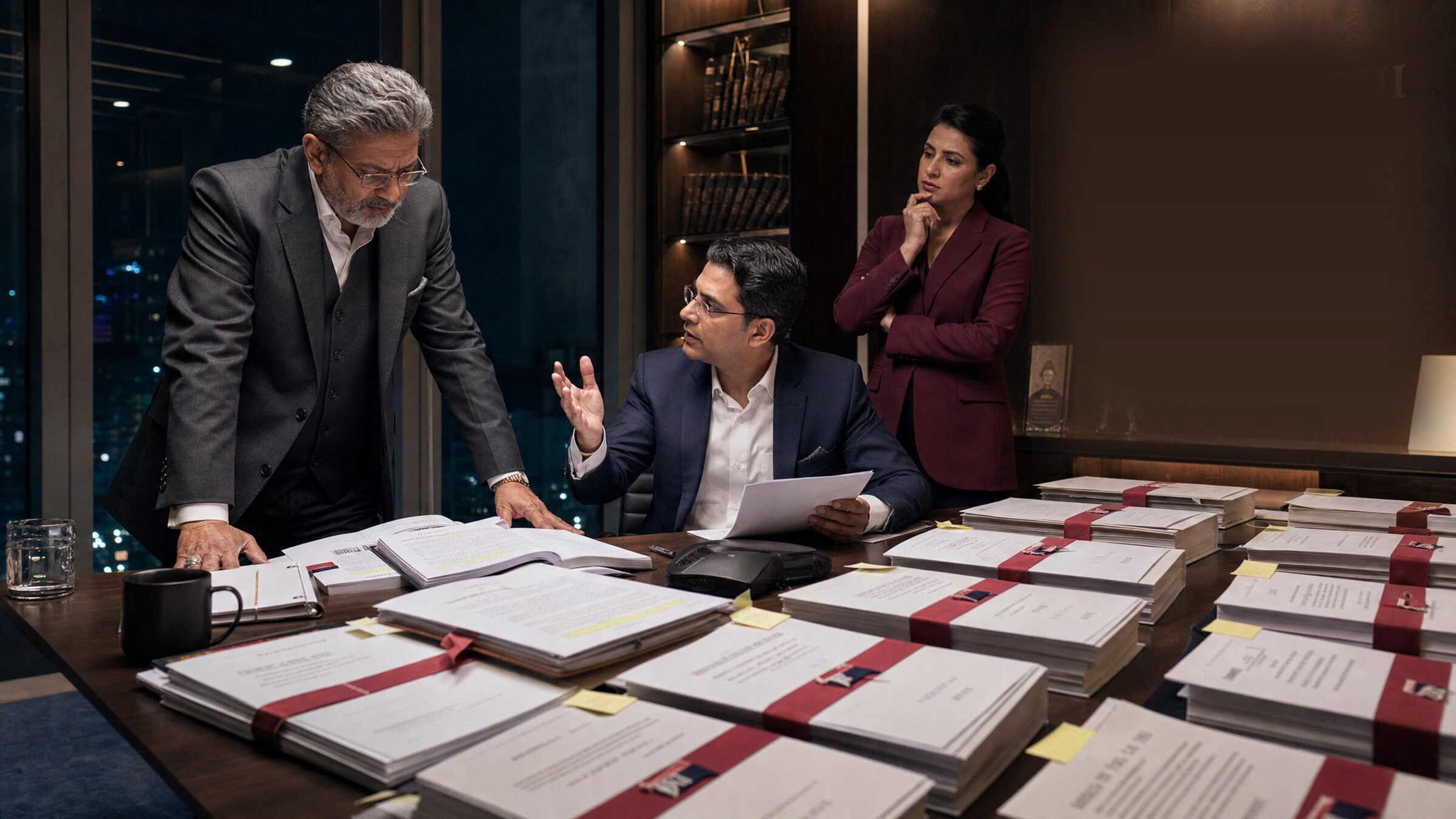 AMLEGALS war room — three Indian lawyers collaborating over a desk of strategy briefs and case bundles, representing twenty-seven years of solved problems