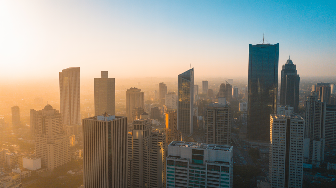 Aerial view of Indian business district at golden hour representing the scale of commercial legal practice