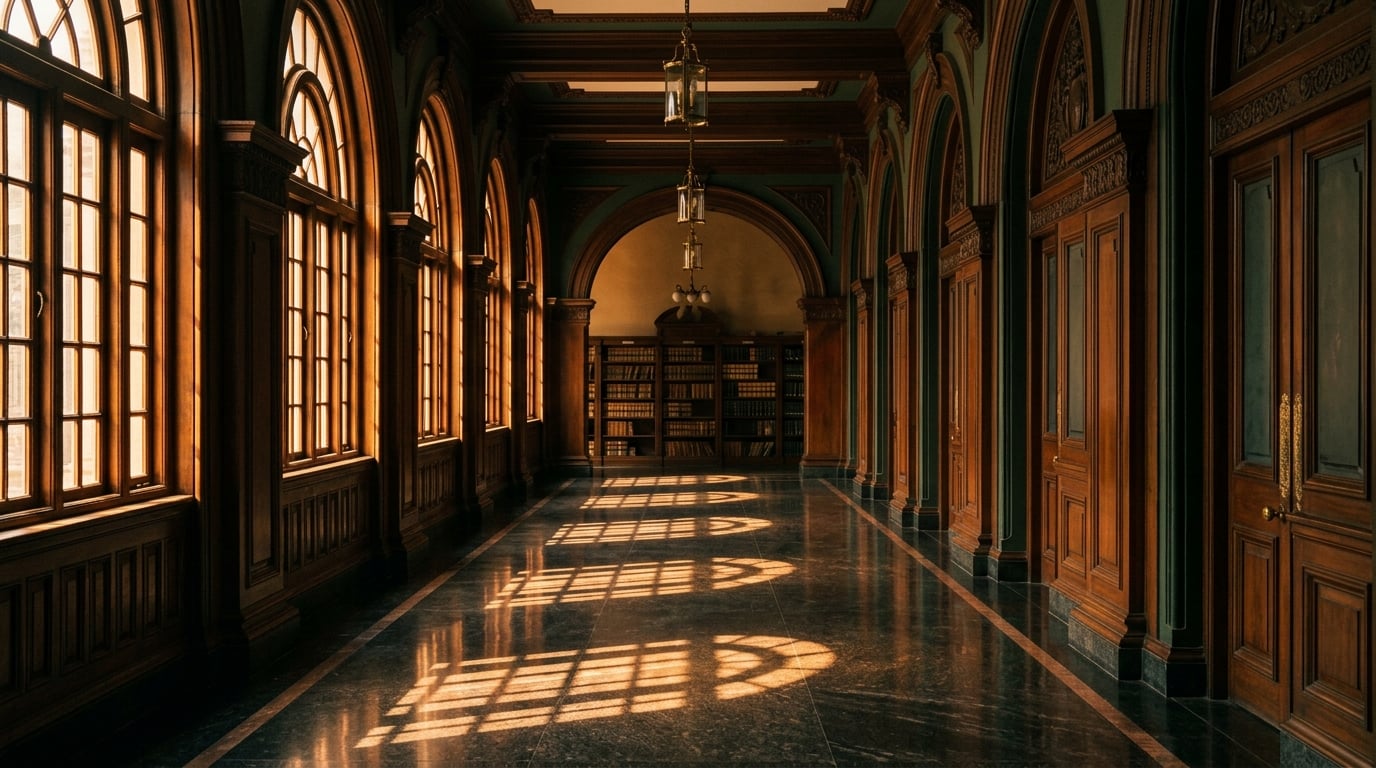 Editorial photograph of a courtroom corridor in warm natural light representing tested legal practice