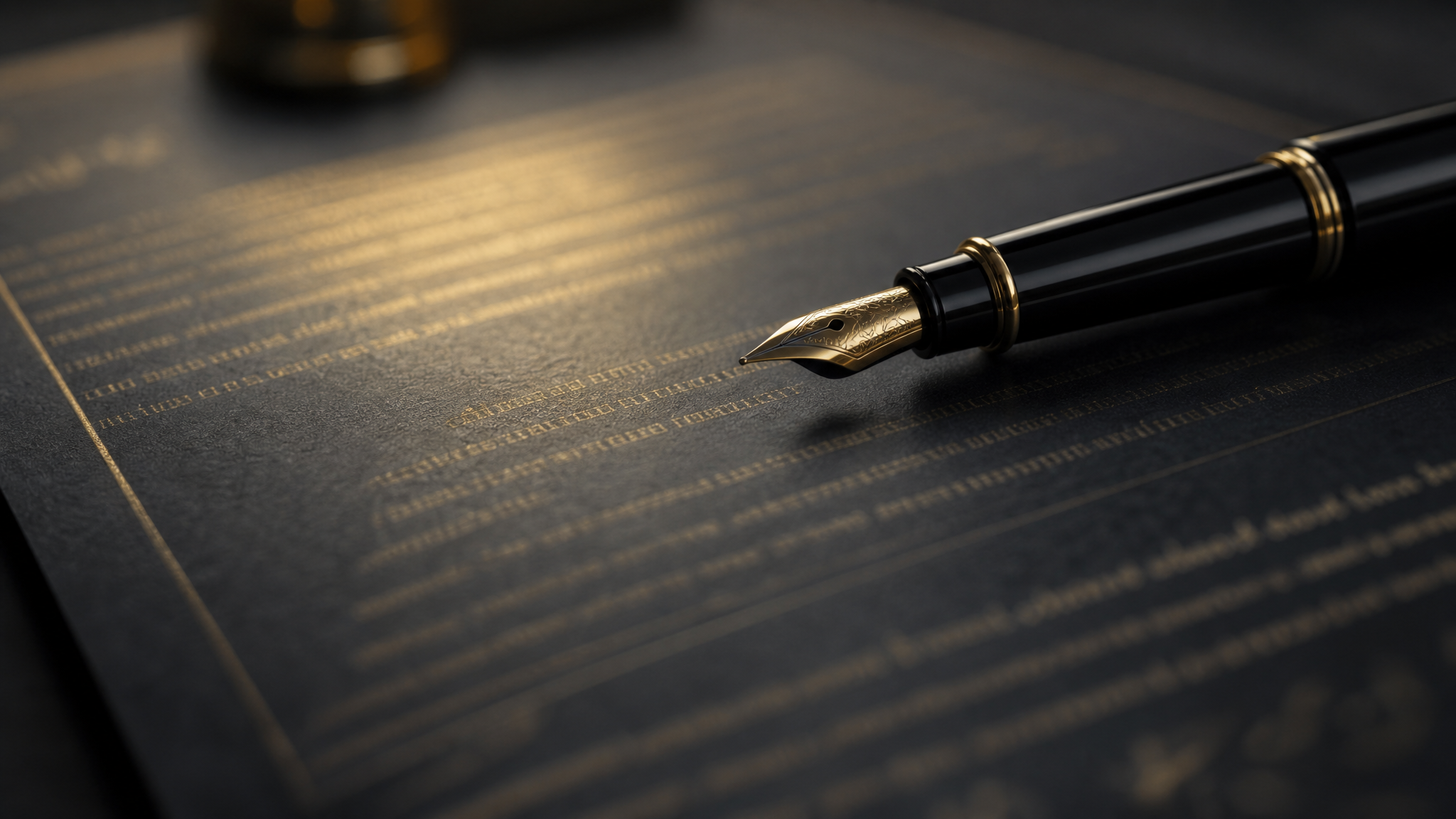 Close-up of a contract being signed with a fountain pen