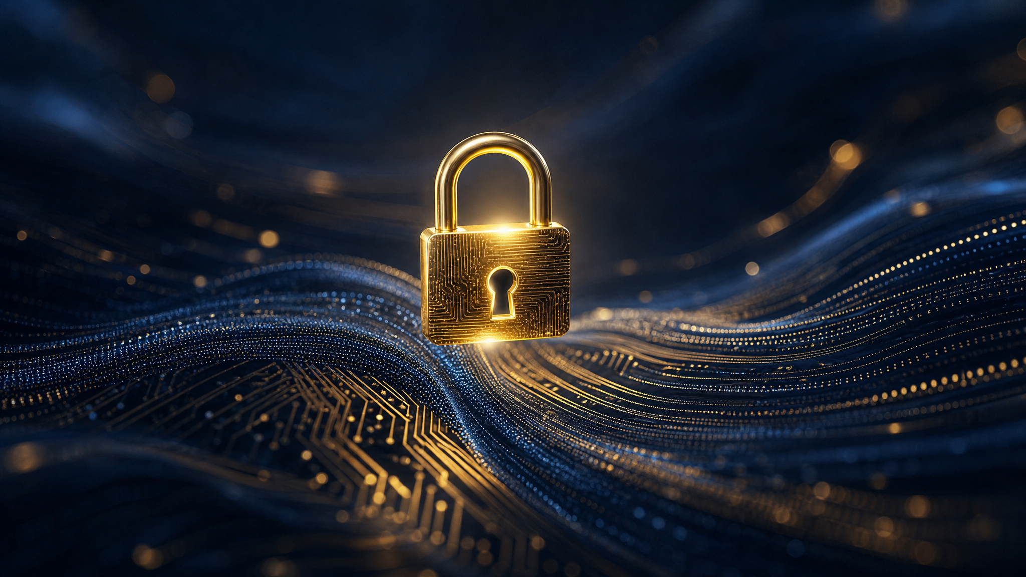 A glowing digital padlock over streams of data representing data protection